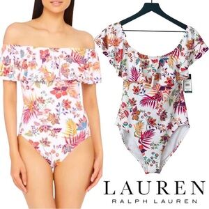 Ralph Lauren plus size off shoulder ruffle one piece swimsuit floral tropical